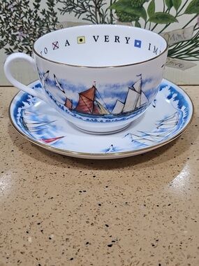 Worcester Porcelain Teacup & Saucer with Nautical Sailboat Design